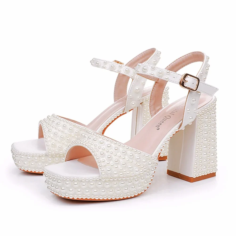 Beige Sunflower Pearl Heeled Sandals 9cm Thick Fish Mouth Peep-Toe Square Root Design Waterproof Platform Sexy Summer Bridal