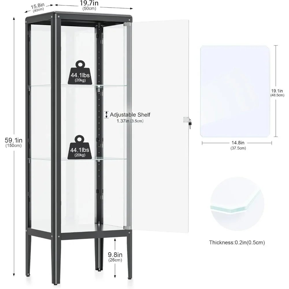 Vitrina con 3 estantes ajustables, gabinete de vidrio con cerradura y puerta, luces LED, gabinete de exhibición de almacenamiento de Metal