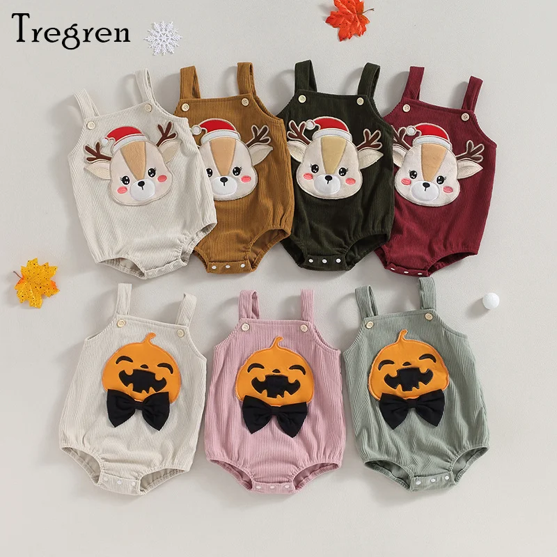 Tregren Infant Baby Corduroy Rompers Christmas Elk Halloween Pumpkin Pattern Sleeveless Bodysuit Infant Boy Girl Winter Clothes