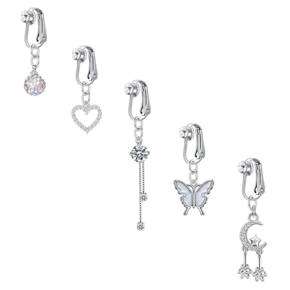 5Pcs Faux Belly Ring Butterfly Fake Belly Piercing Clip on Umbilical Navel Belly Button Cartilage Ear Clip Earrings Jewelry Gift