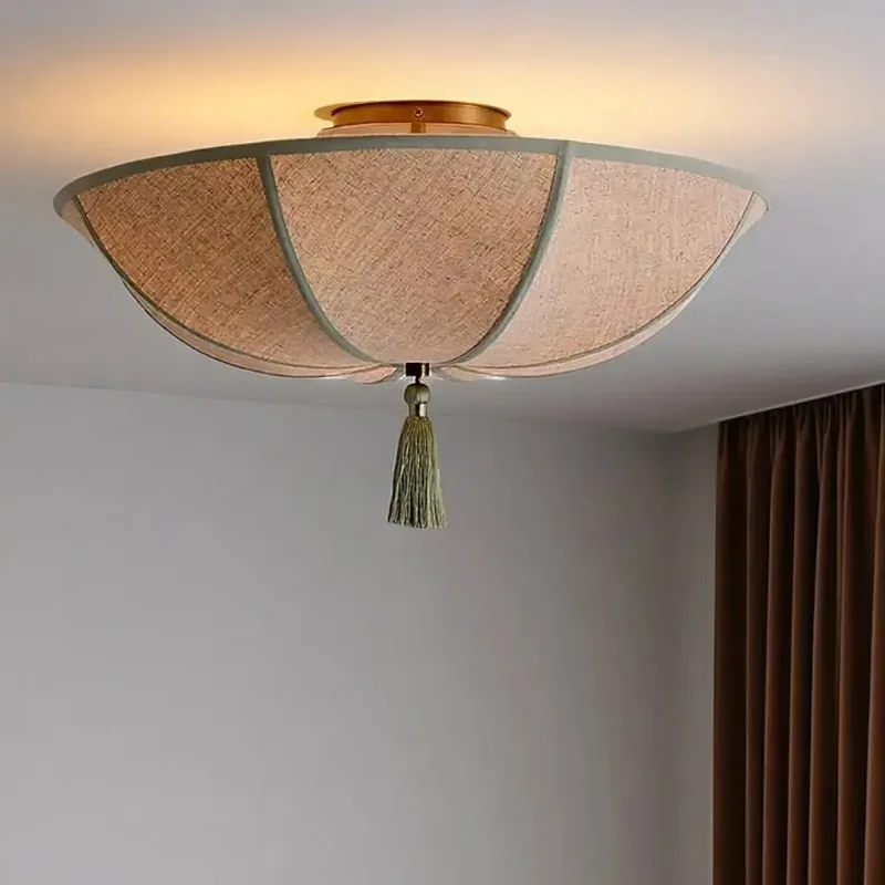 Retro Style Fabric Covered Ceiling Light French Cream Style Bedroom Study Dressing Room Indoor Decorative Lighting Fixtures