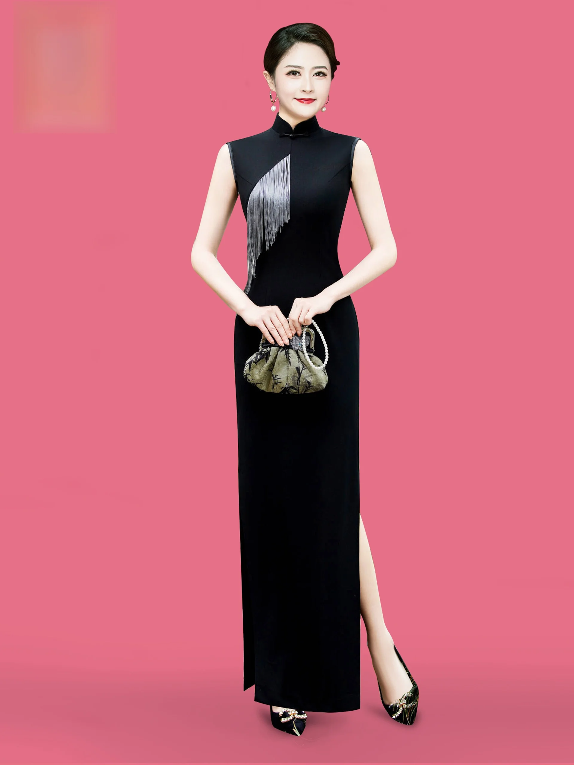

New Chinese Sle Bla Svel High Elastic Slimming Summer 2026 Stage Performance Costume Low Slit Long Dr