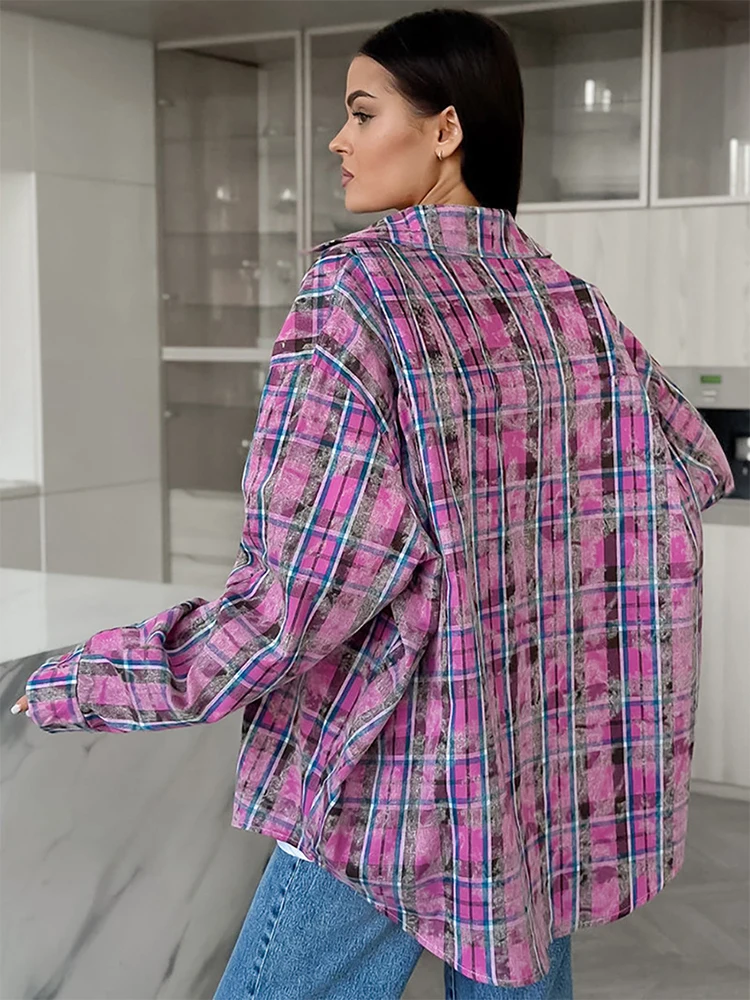 Aynaray 2024 Women Autumn Winter Long Sleeve Pink Plaid Shirt Vintage Oversized Loose Fit Blouse Female