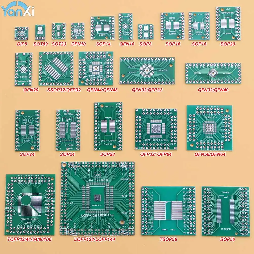 10pcs SOP Patch Adapter Board SOP8 SOP10 SOP14 SOP16 SOP20 SOP24 SOP28 TQFP QFN 32 44 48 64 to DIP/SMD IC Test Board PCB Board
