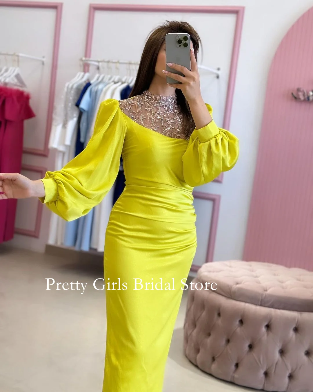 OEING Arabic Style Vintage High Neck Satin Evening Dresses Puff Sleeves Yellow Sequined Formal Prom Growns Party Women Bride