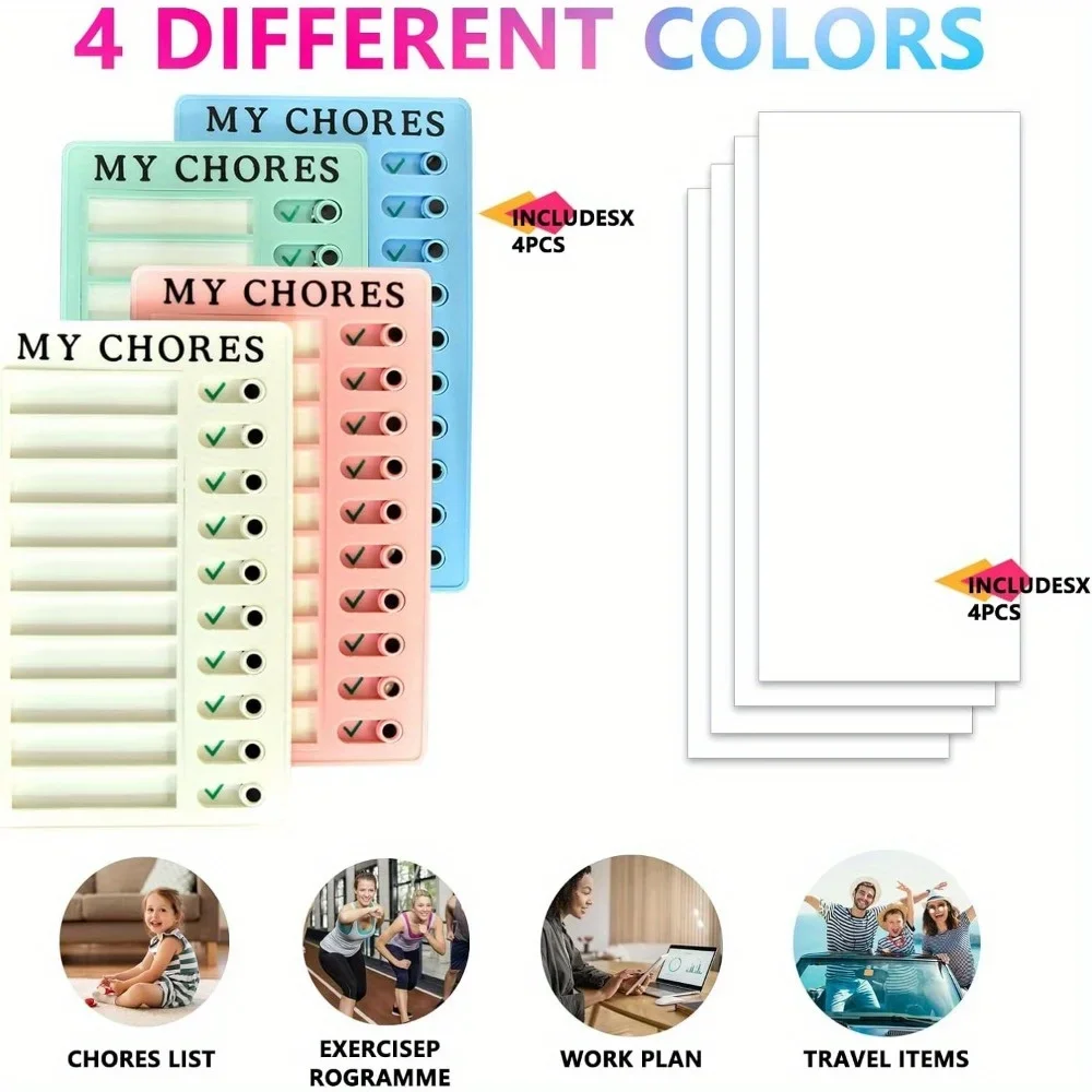 Set of 4 Chore Charts, Checklist Boards with 8 Removable Cards for Daily Routine Charts, Family Daily Planners