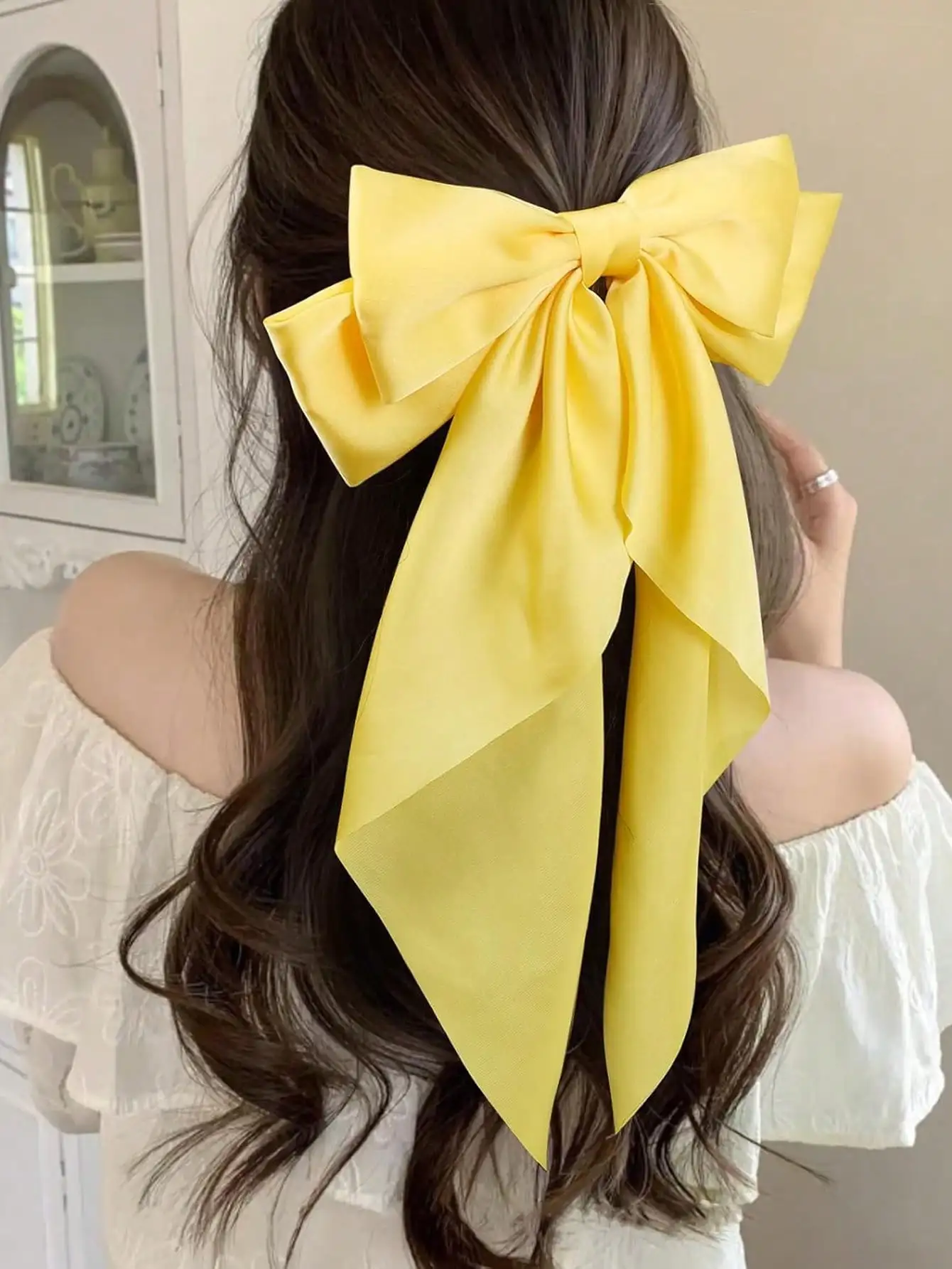 

Large Satin Bow Hair Clip for Women and Girls, Elegant Ponytail Accessory in Yellow
