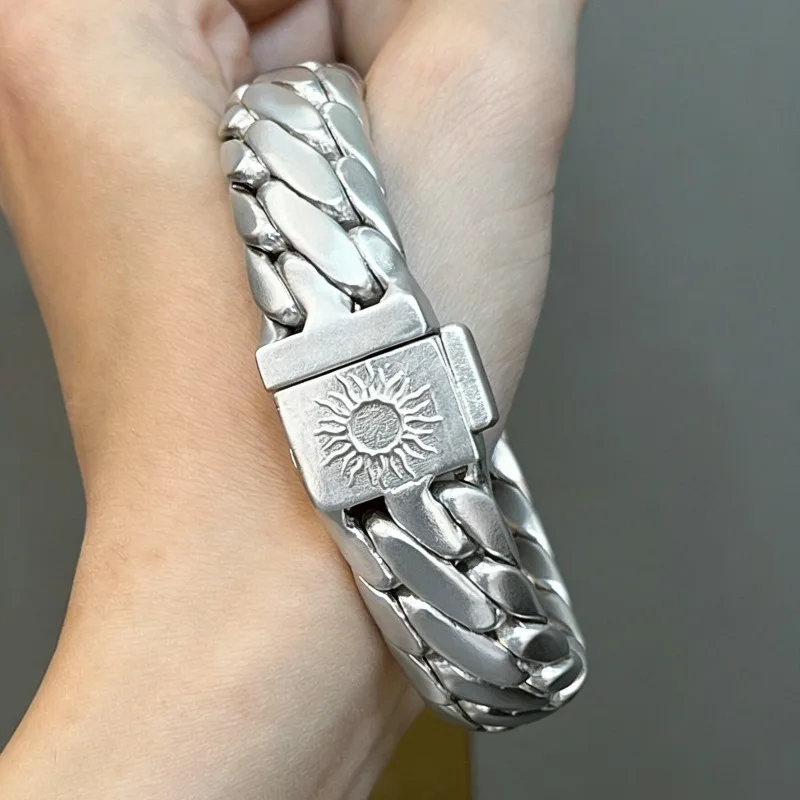 2026 Hot Handmade Solid Triple Whip Chain Bracelet, Vintage Thick Sun Silver Unisex Heavy Craft Bold Men Wrist Jewelry