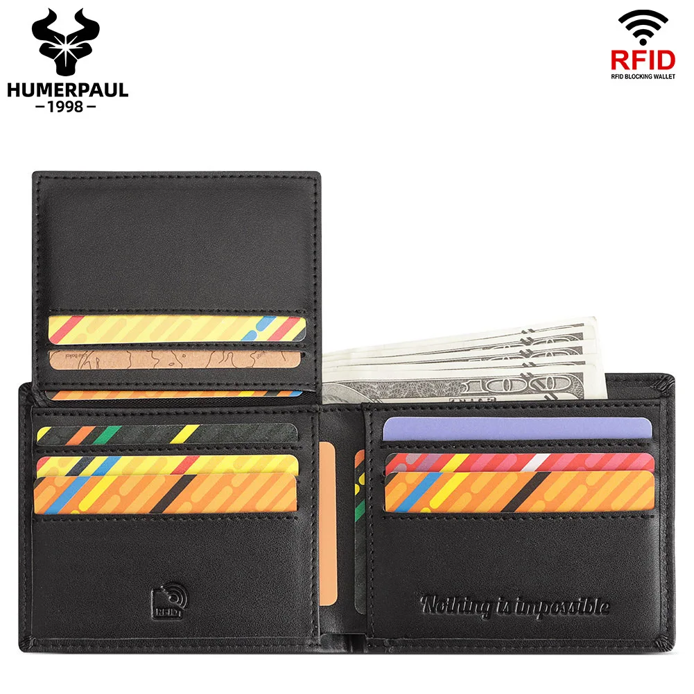 RFID Blocking Genuine Leather Wallet For Men Multi-Slot Top Layer Cowhide Card Holder Hand-Held Coin Purse Billeteras De Hombre
