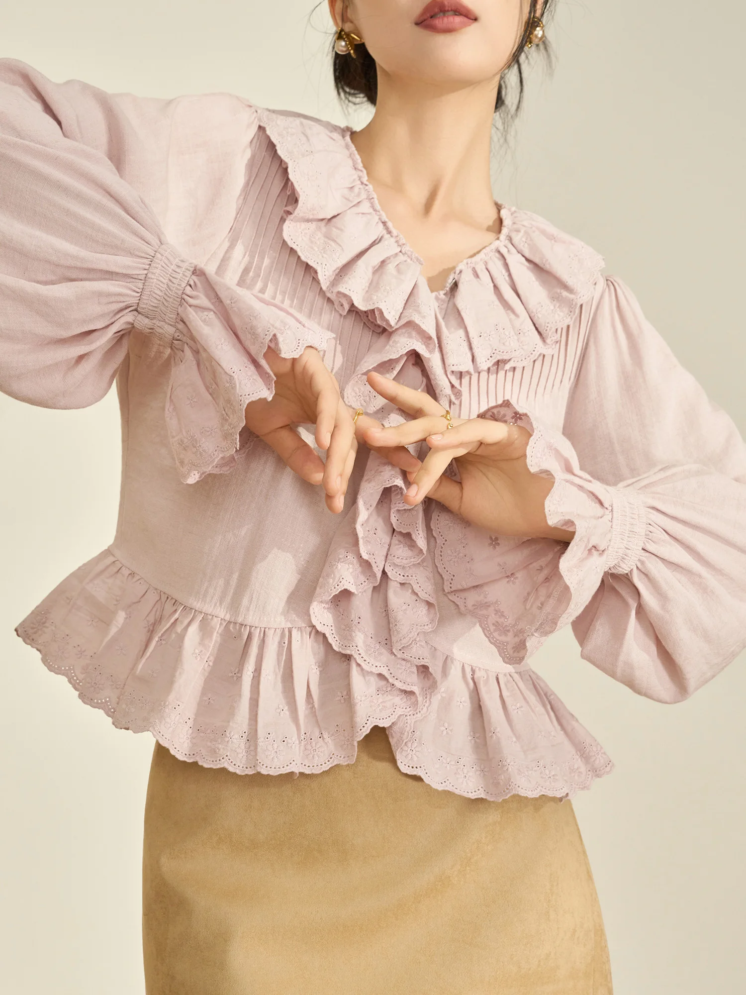 

Flowing Era Pink Linen V-neck Shirt with Lace Design Long Sleeve Women's Spring Fashion Top Breathable Comfortable Casual Shirt