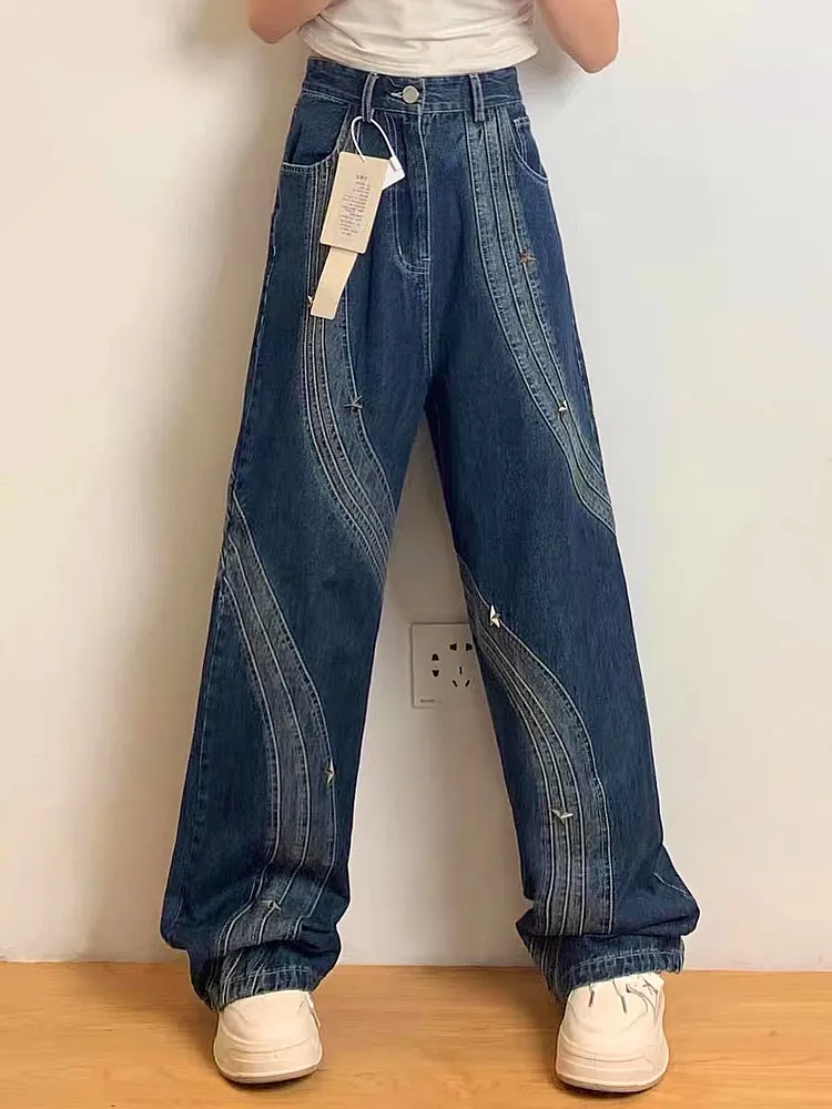 2023 Y2K Fashion Star Embroidered Flares Baggy Stacked Jeans Pants For Women Clothes Wide Leg Hip Hop Luxury Lady Denim Trousers