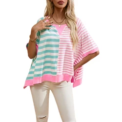 Women Stripe Contrast Patchwork Oversized T Shirt Short Sleeve Round Neck Tees High Low Hemline Chic Colorblock T-Shirts Daily