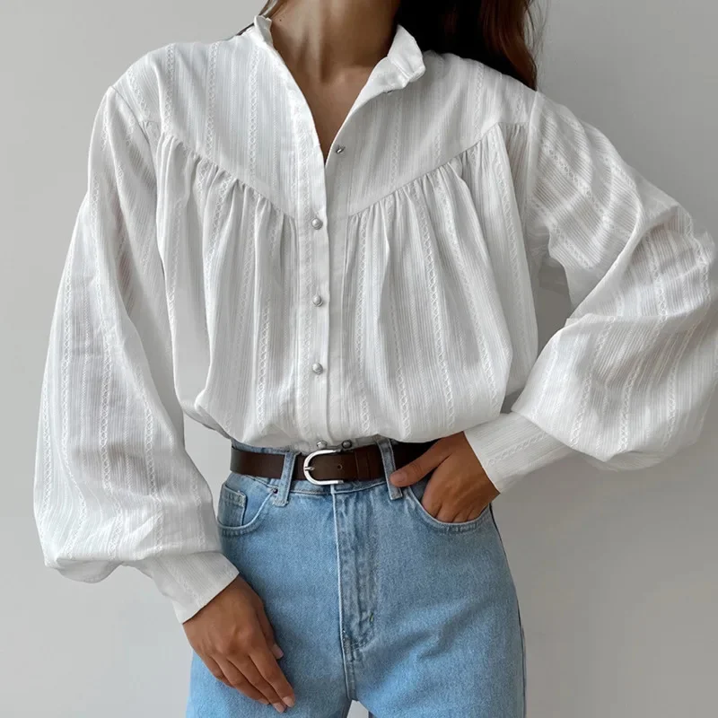Chic Women Cotton Long Sleeve Shirt French Design Puff Sleeve Blouse Versatile Elegant Casual Top New Fashion Office Daily Wear