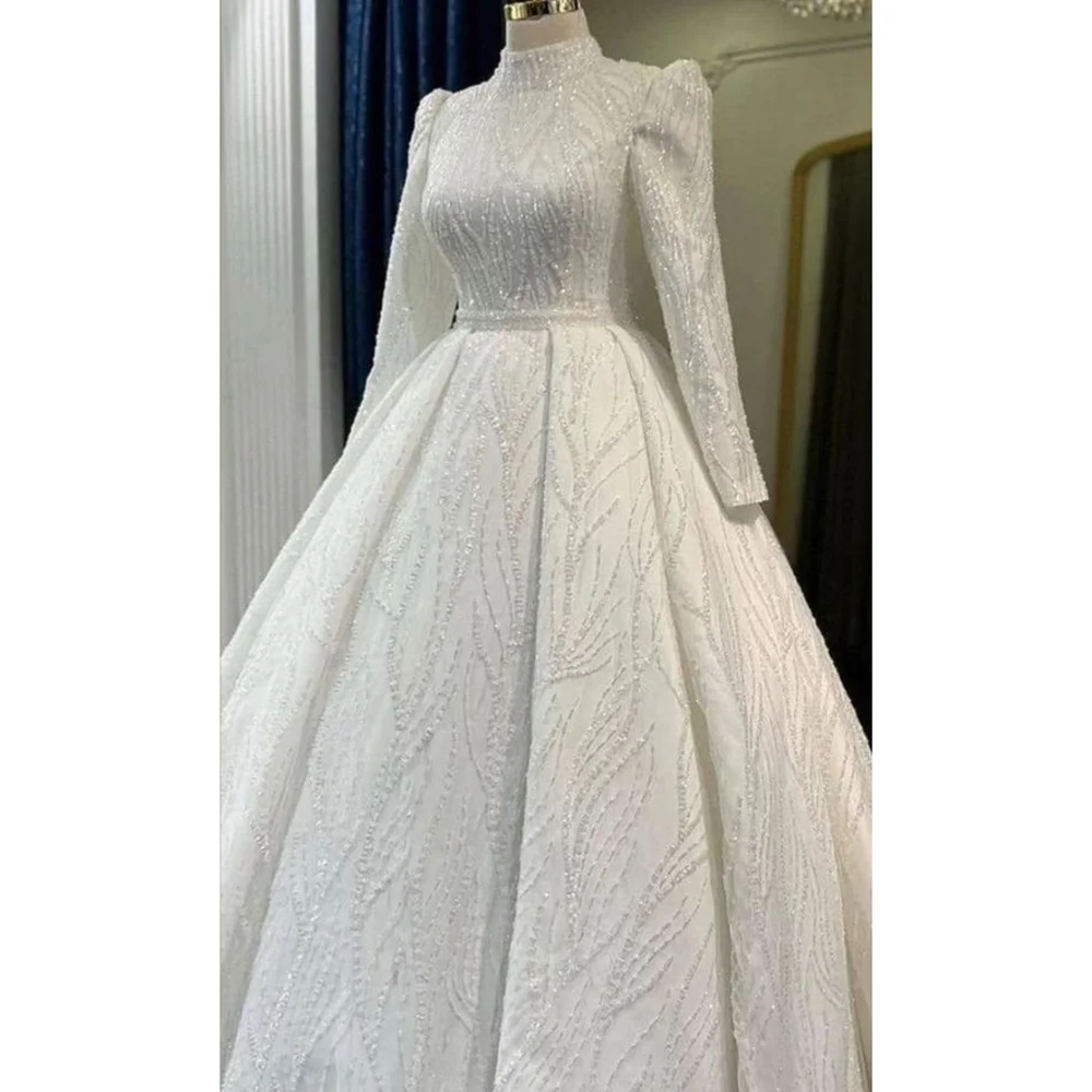 Elegant High Collar Wedding Dresses Long Sleeves Beads Sequined Ball Gowns Fashion Draped Court Train Luxury Bridal Dresses