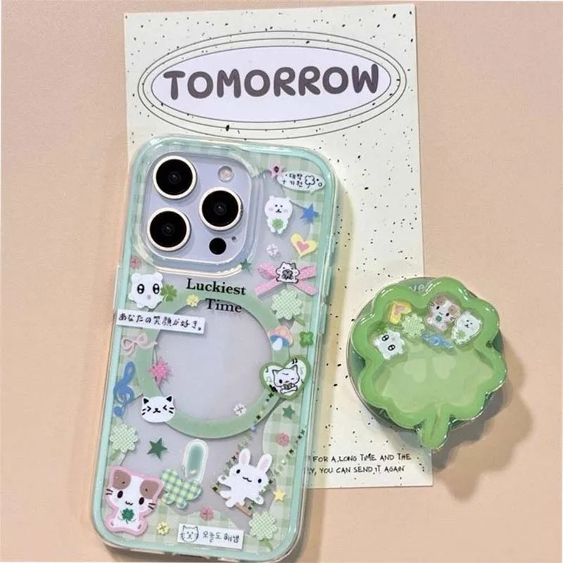 Funda de teléfono con diseño de gato y trébol de cuatro hojas con borde a cuadros pintado magnético con soporte magnético para iPhone 11 12 13 14 15 16 17 Pro max