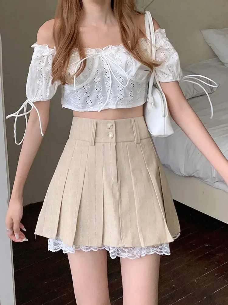 

2024 Korean Fashion Khaki Short Skirt Lace Trim Cute Pleated Skirts Womens Preppy Style Button Up High Waist Summer Mini Skirt