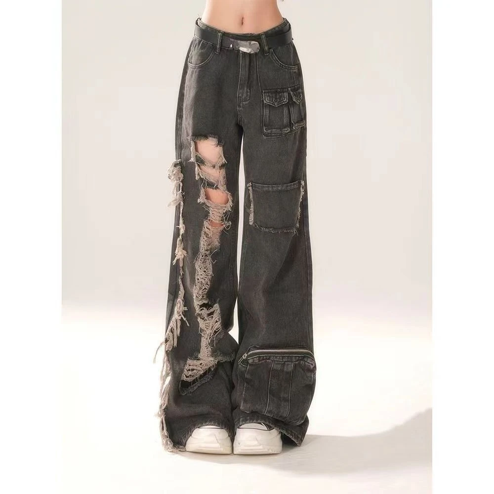 Jeans vintage americani Y2k con foro Pantaloni in denim sottocultura effetto consumato a figura intera Pantaloni stile punk retrò larghi e chic Bottone a vita media