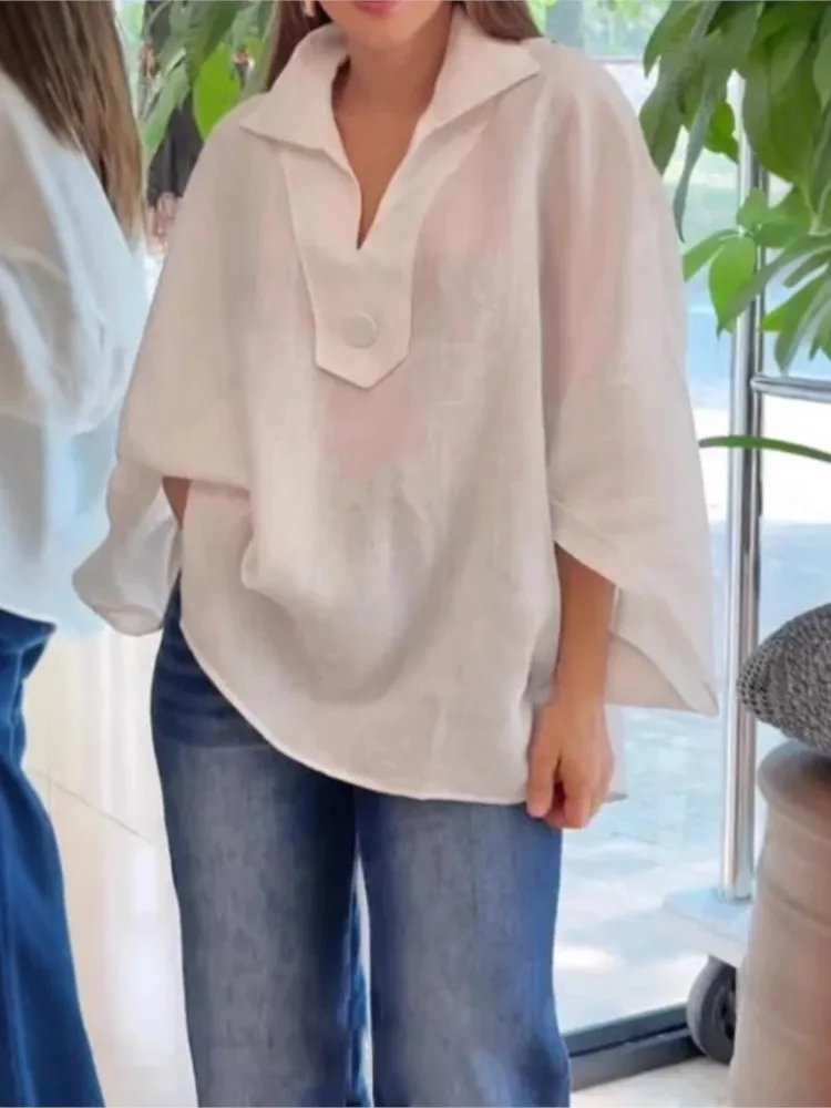 

Spring Summer Women's Casual Loose Button Solid Cotton Linen Lapel Shirt Fashion Elegant White Casual Office Party Top Shirts