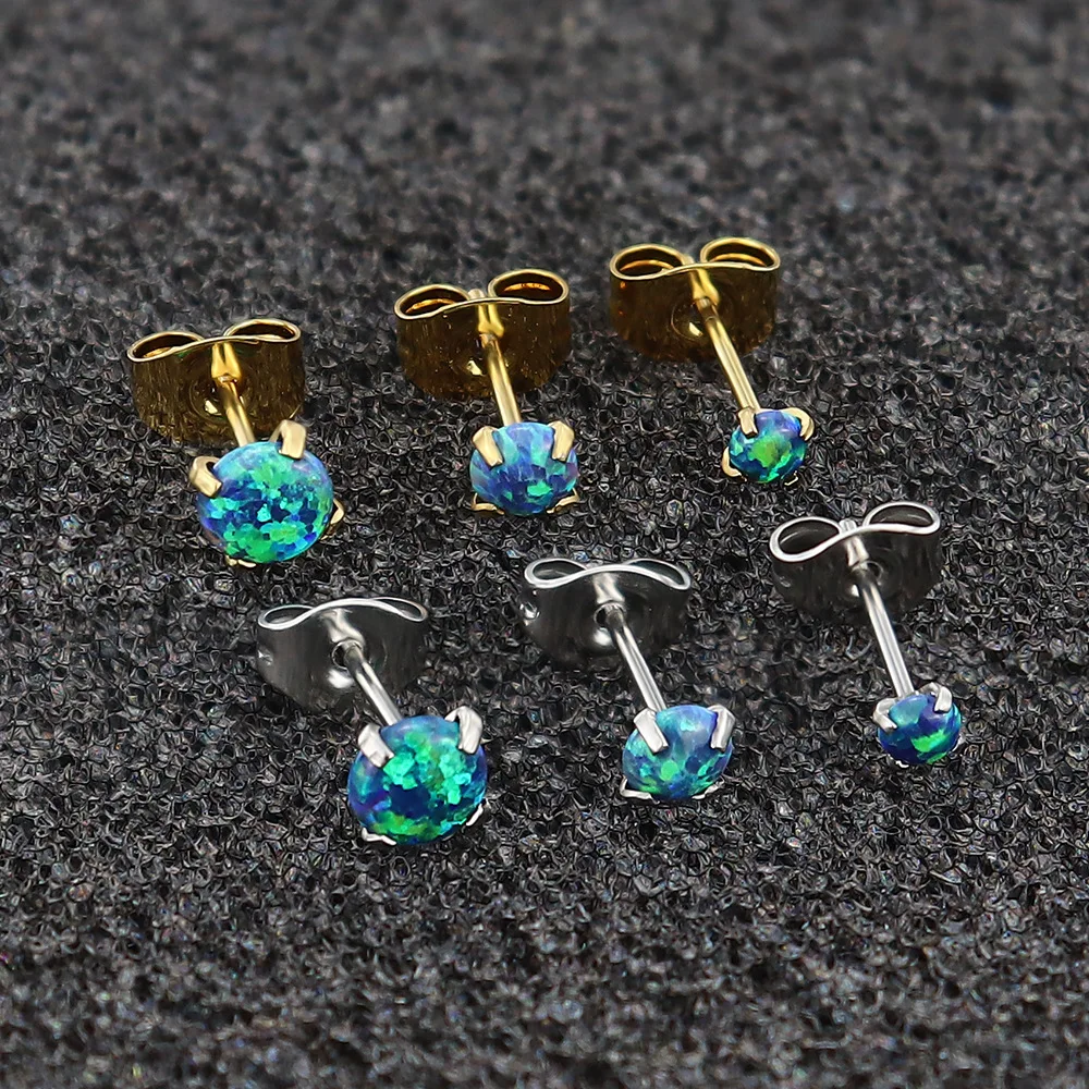 Mini Colored Opal Four-Claw Titanium Steel Earrings Ear Bone Nails Stainless Steel Simple and Fashionable New