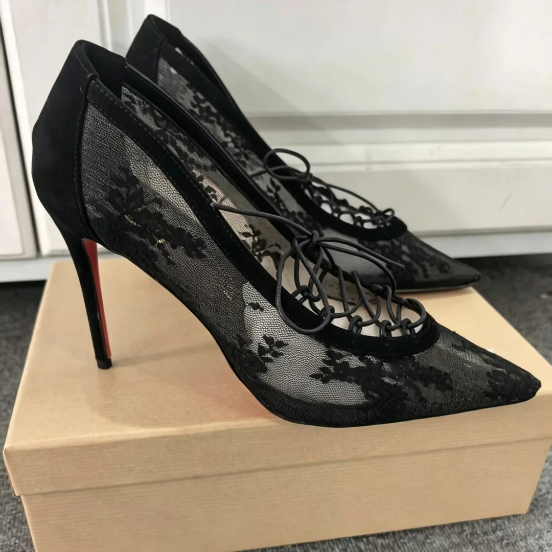 

Women Black Floral Lace Mesh Pointed Toe Pumps Front Lace Up Bow Thin Stiletto Classic Red Sole Evening Party High Heels Wedding