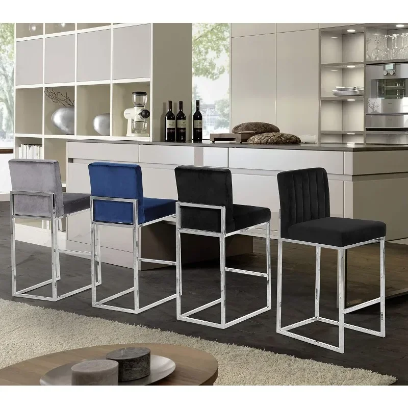 Collection Modern Contemporary Velvet Upholstered, Channel Tufted Counter Stool with Polished Chrome Metal Base