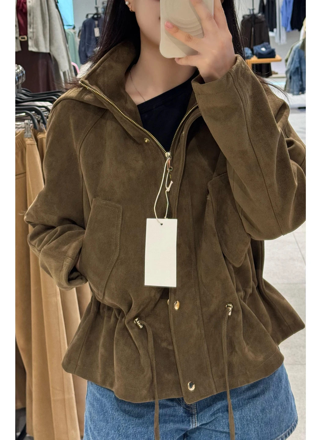 Chic couleur kaki Biker ort Jaet femmes coupe ample décontracté Sle manteau avec capuche taille intérieure daim matériel automne vêtements d'extérieur