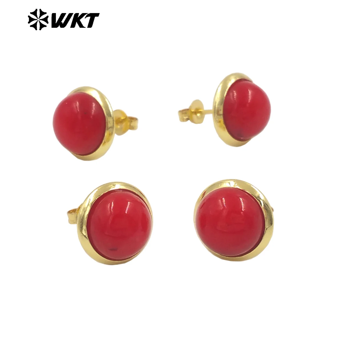 WT-MPE132 Natural Red Coral Round Shape With 18k Gold Plated Beautiful Simple Earring Finding For Women Daily ACC