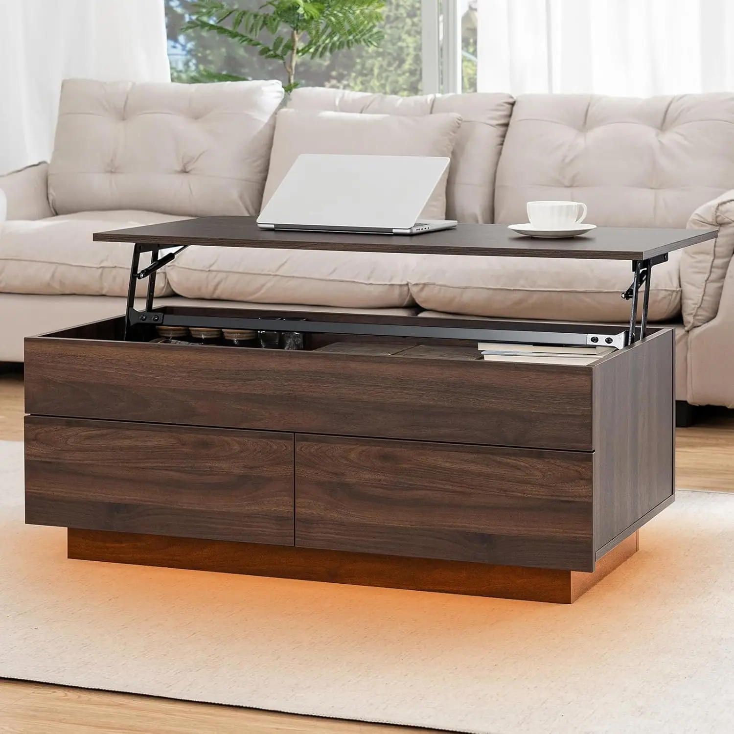 40'' Lift Top Coffee Table for Living Room, Walnut Coffee Tables with Storage, LED Modern Coffee Table Rectangular Wooden Gloss,