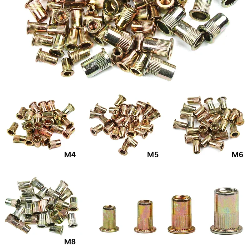 20PCS Carbon Steel Rivet Nuts M4 M5 M6 M8 M10 M12 Flat Head Threaded Rivet Insert Nutsert Cap Rivet Nut Kit