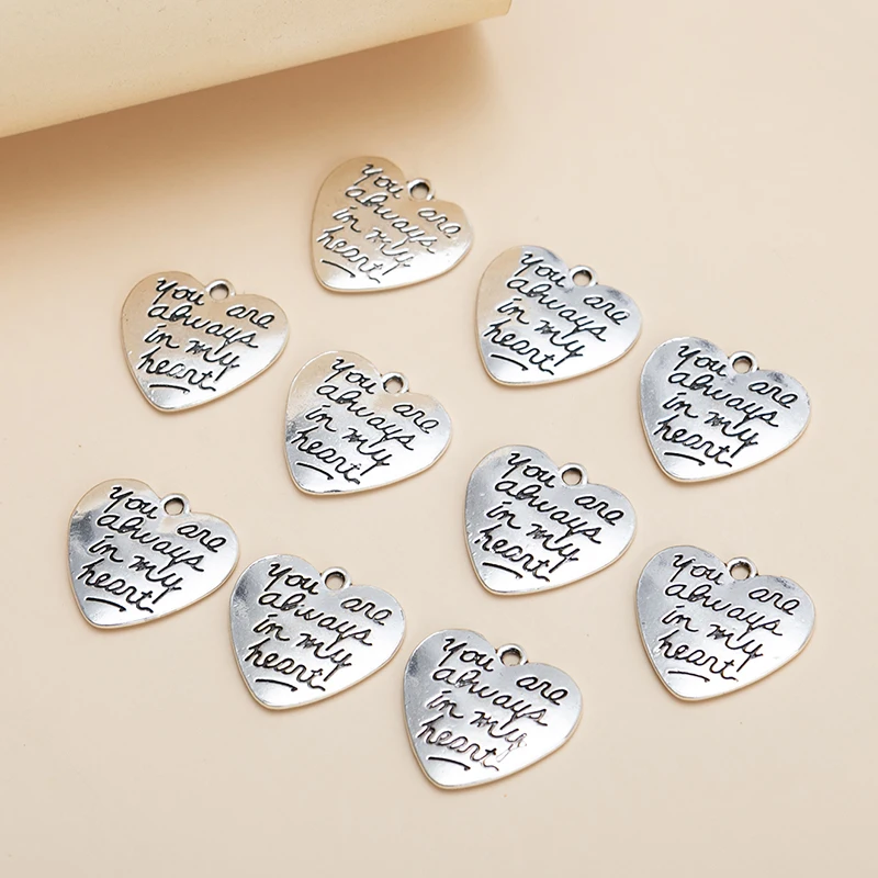 10pcs/lot Silver Color Heart Letter Charms You are always in my heart Pendants DIY Necklace For Jewelry Making Accessories