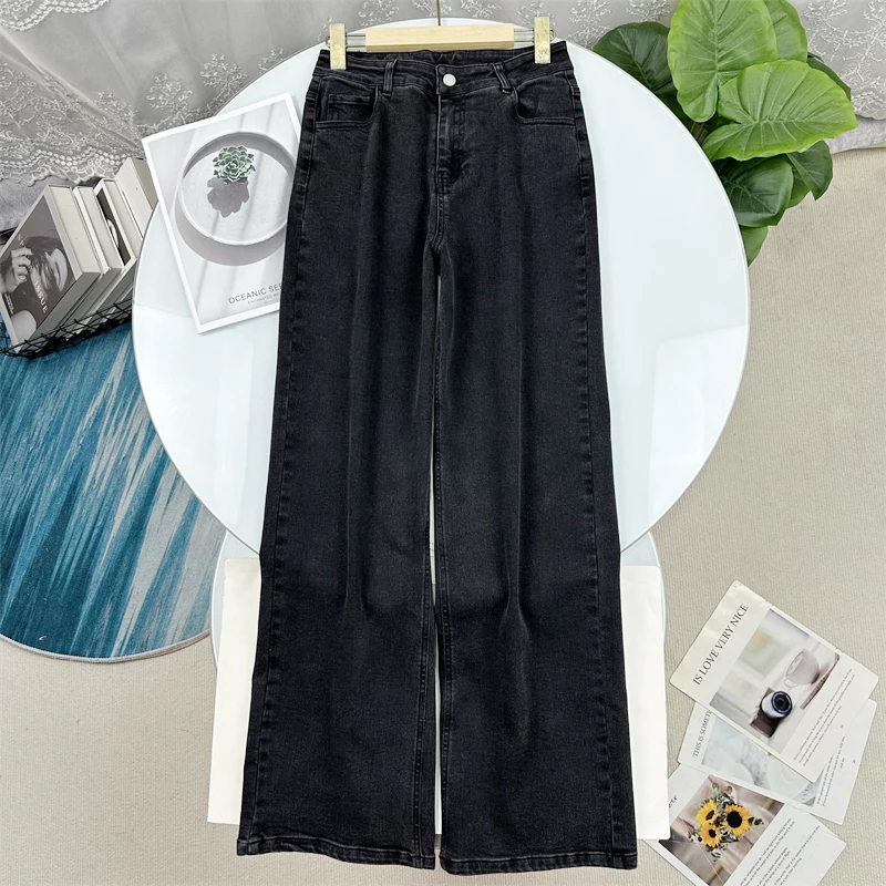 

High Waist Wide Leg Jeans Women's Slim Fit Straight Cut Deep Grey Denim Pants Autumn 2025 Simple Style Cotton Fabric