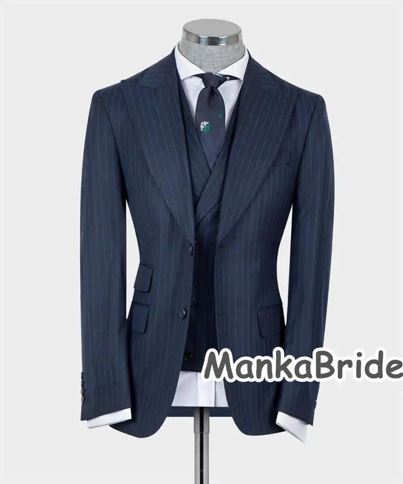 Setelan tuksedo pria, pakaian pria Formal, rompi Blazer, 3 potong, untuk pernikahan, pengantin pria, motif garis klasik, pakaian pria kantor, pesta Bisnis