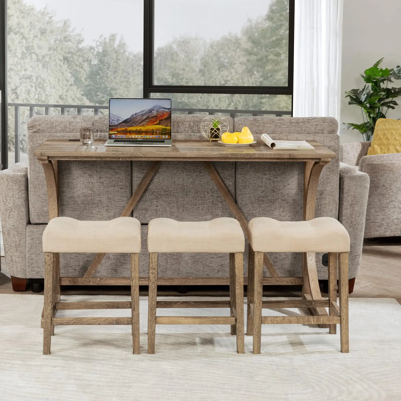 Industrial 3-Person Counter Height Bar Table Set with Power Outlet, 4-Piece Dinette Set with Padded Seat Stools