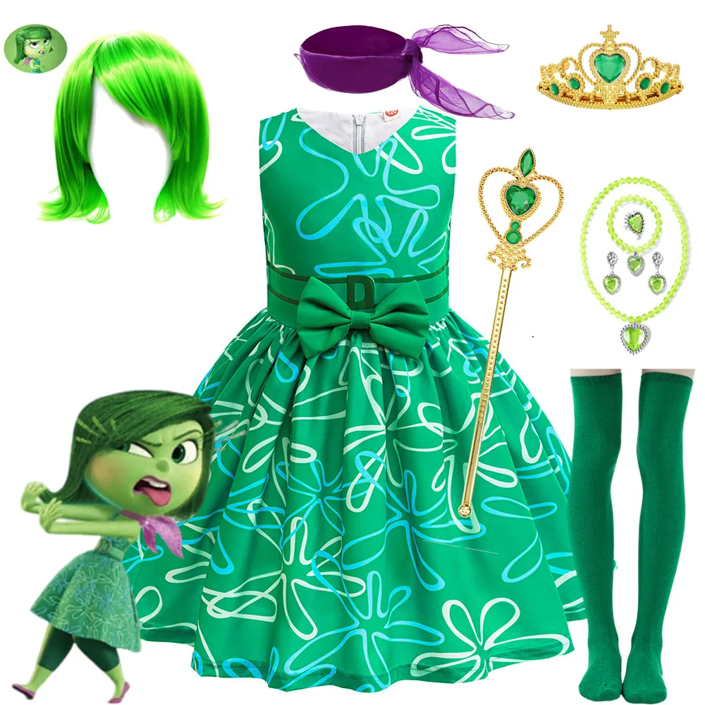 

Inside Out 2 Disgust Princess Dress Cosplay Costume Kids Cartoon Flower Dress+Bow+Belt+Scarf +Wig Girls Halloween Carnival Dress