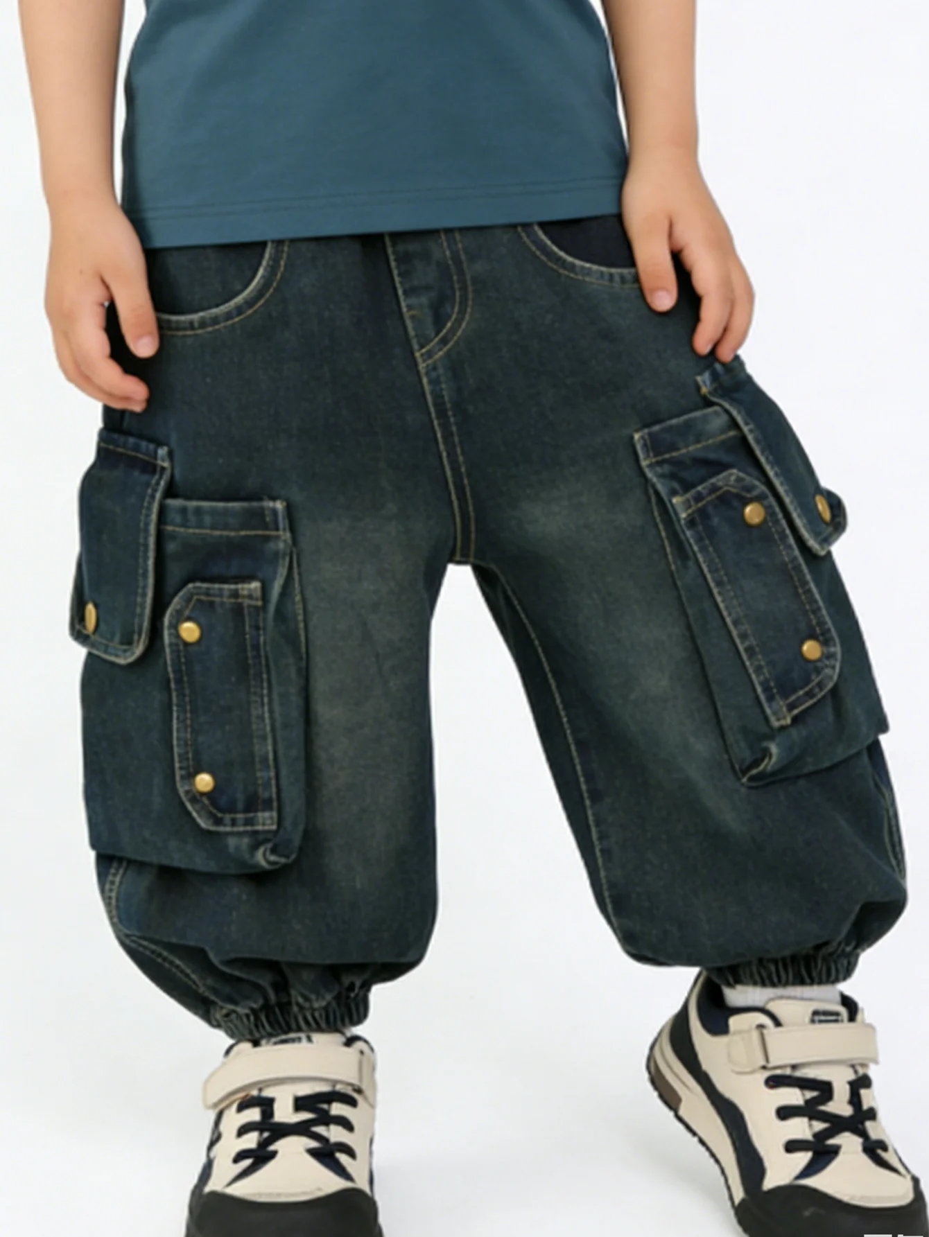 Boys Dark Wash Cargo Denim Joggers Kids Multi Pocket Baggy Pants Children Elastic Waist Workwear Trousers 2026 New