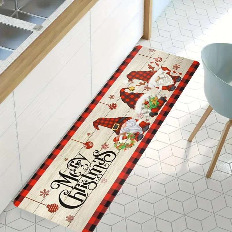 Premium Printed Christmas Long Runner Rug Wood Grain Buffalo Plaid Gnome Snowflake Merry Christmas Rug for Christmas Holiday