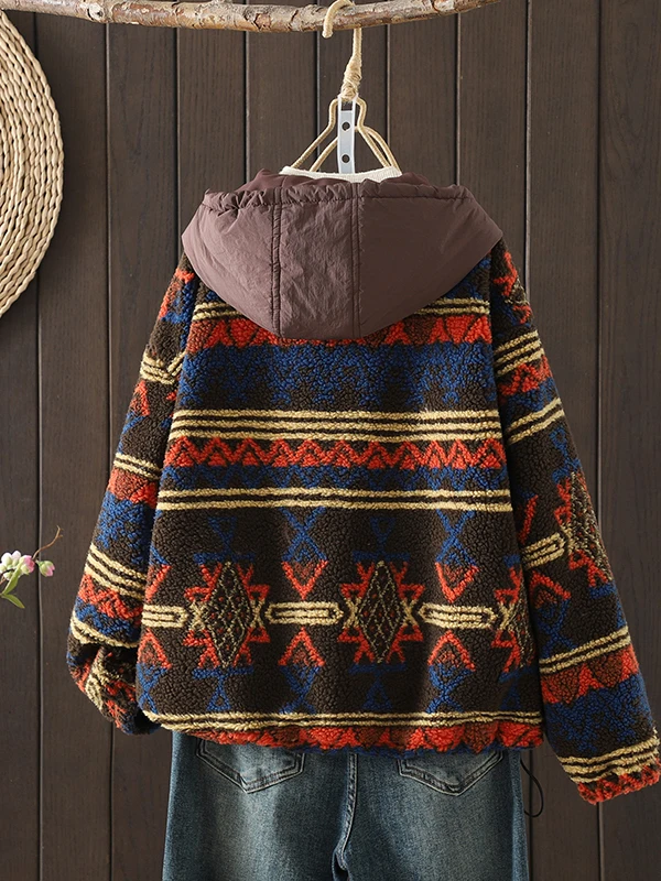 Retro American Spliced Hooded Lamb Fur Jaet Women's Autumn Winter New Sle Lazy Lamb Velvet Cotton Coat Long Sve Zipper