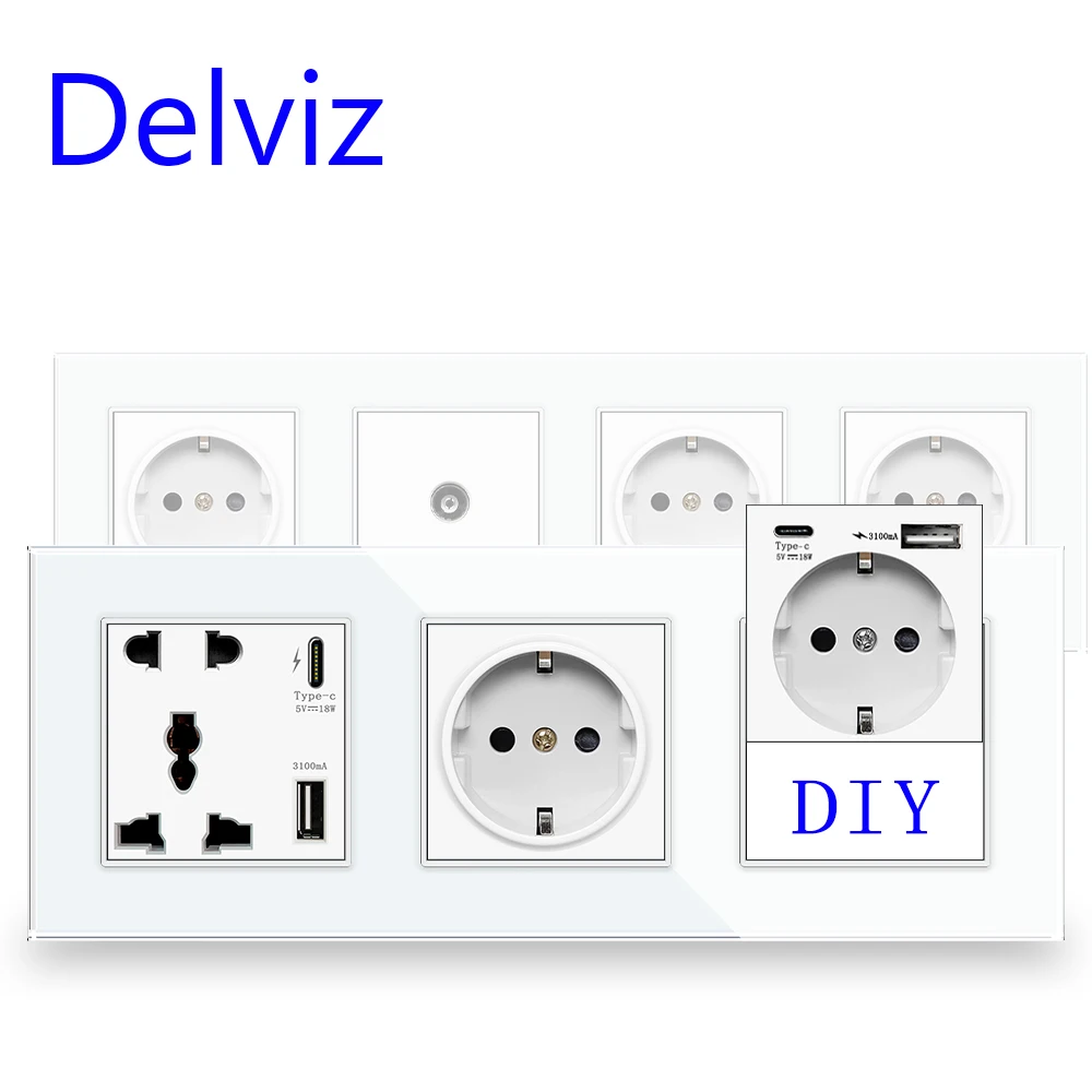DIY ściana przełącznik światła Delviz, Panel ze szkła kryształowego, szybkie ładowanie USB C, potrójne gniazdko wtyczka elektryczna, połączone gniazdo USB