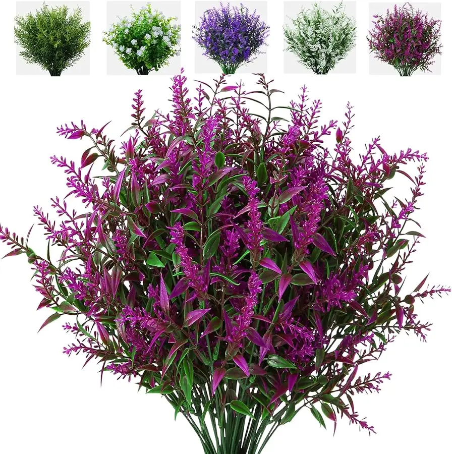 

8 Pack Artificial Plants Flowers Grass Shrubs Lavender No Fade Faux Plastic Flowers Outdoor for Farmhouse Garden Porch Patio Ind