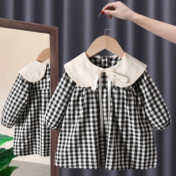 Bow Plaid Girls Dress 2 Spring fall toddler kids Girls' Clothes baby Bow Long sleeved Dresses costume for children Girl clothing outer Wear Casual Dress 2