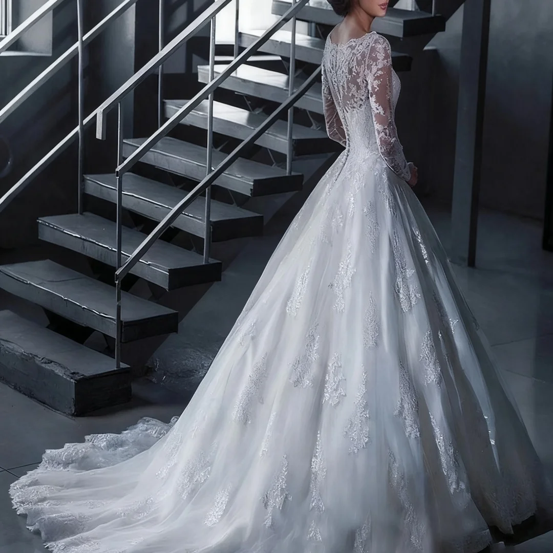 فساتين زفاف مخصصة على شكل حرف a مطرزة بأكمام طويلة فساتين زفاف فاخرة للنساء العروس الرسمية رداء حفلات العروس