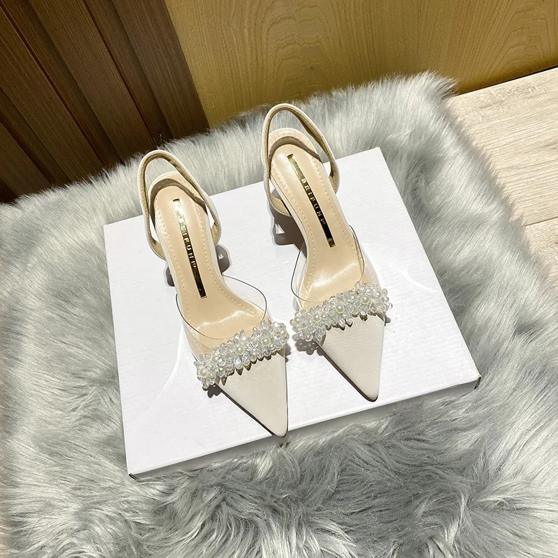 Summer Women Baotou Sandals 2025 New French Transparent Pointed Toe Crystal Stiletto Heel Sandals Pumps Zapatillas Mujer