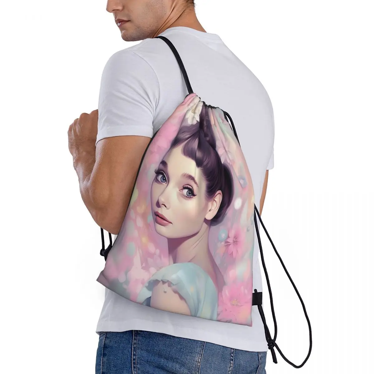 

Audrey Hepburn Backpacks Portable Drawstring Bags Sports Bag Book Bags for Travel Students