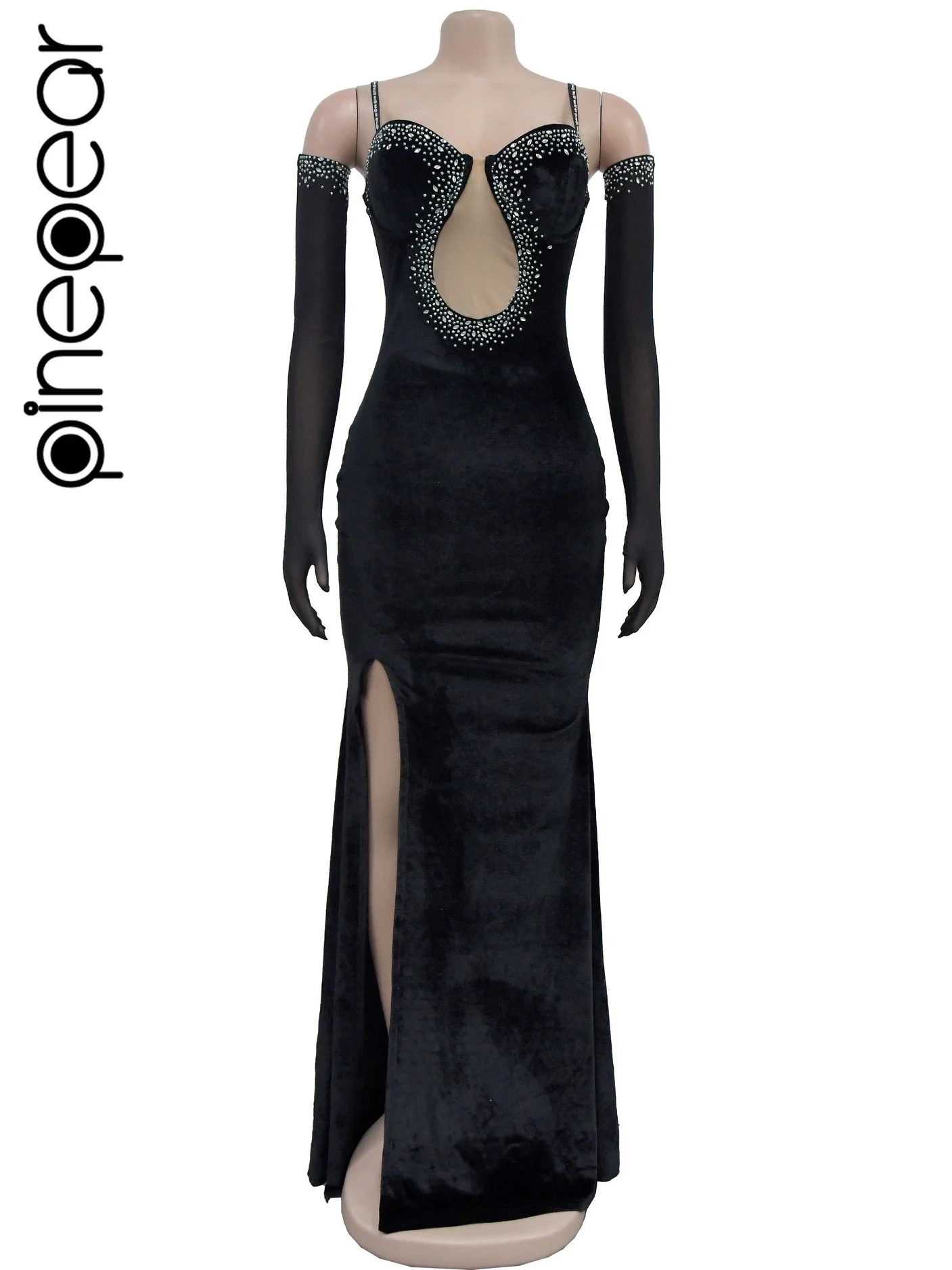 PinePear 2025 Winter Vrouwen Elegante Jurk Luxe Diamant Hoge Split Lange Feestjurk Sexy Off Schouder Velours Strass Maxi Jurk