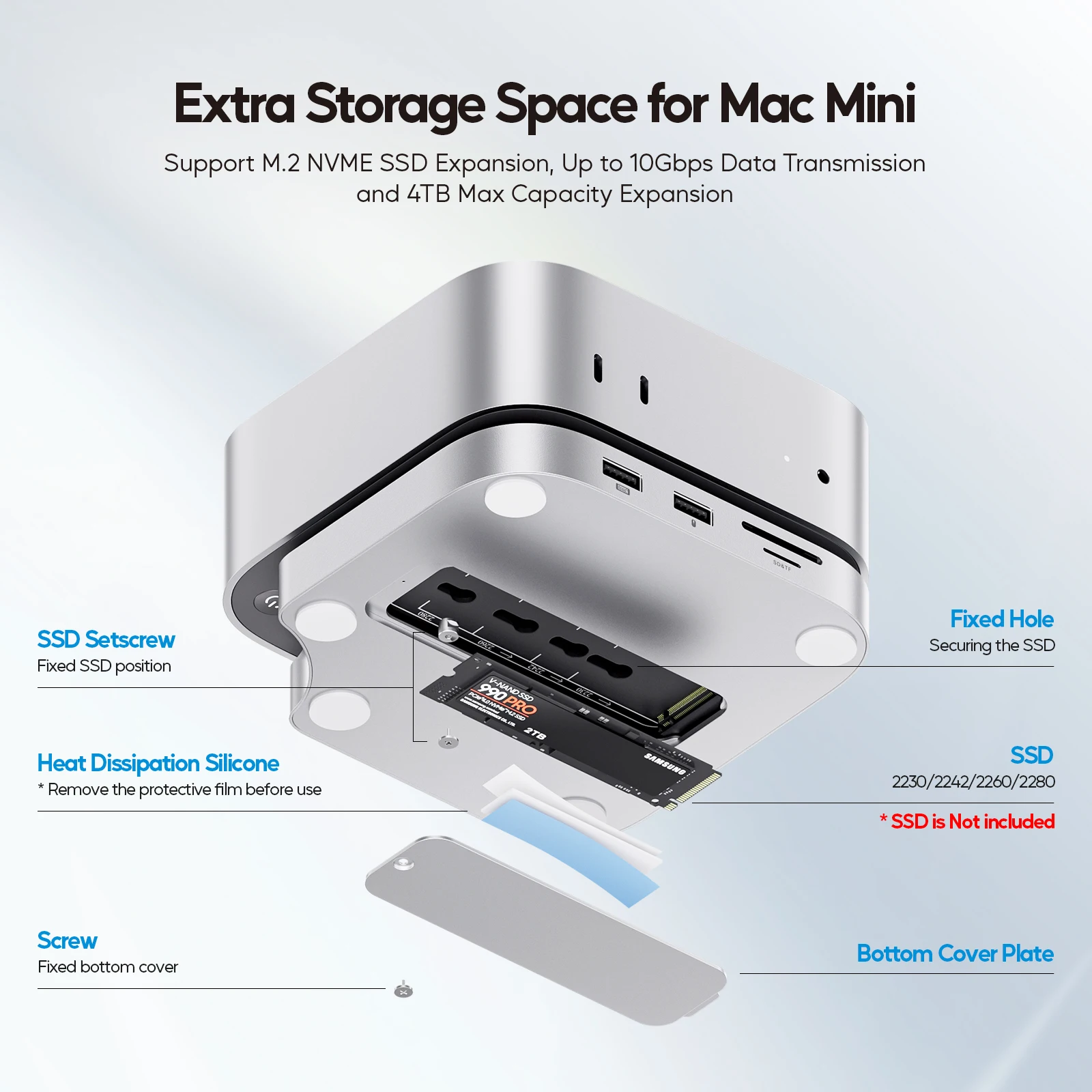 PULWTOP Mac Mini M4 Hub mit M.2 SSD-Gehäuse (NICHT im Lieferumfang enthalten), mit HDMI 4K 60 Hz, USB-C-Hub-Zubehör für Mac Mini 2024 M4 Pro