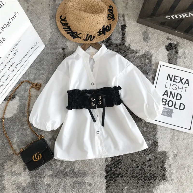 Girl Shirts Spring Autumn Kids Clothes Girls Sashes White Shirt Long Loose Shirt Cotton Top  for Toddler 2 3 4 5 6 7 8 9 Years