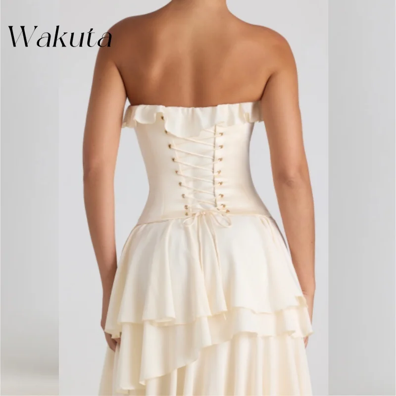 Wakuta-vestido De gasa con escote en forma De corazón para mujer, traje clásico De gasa con hombros descubiertos, cintura doblada, color liso, escalonado, juvenil