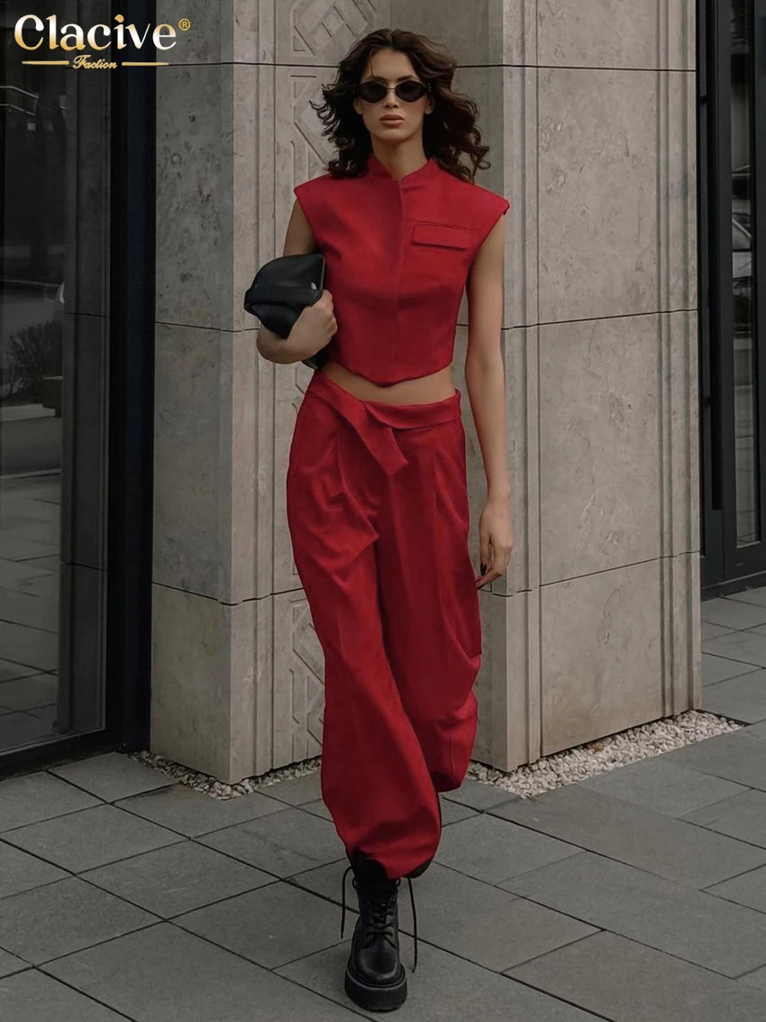 Clacive Fashion Slim Red 2 Piece Sets Women Outfit 2025 Elegant Sleeveless Crop Top With High Waist Pants Set Female Streetwear