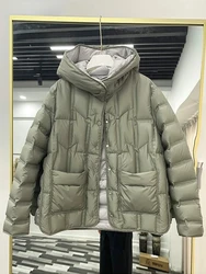 2024 Winter New Women 90% White Duck Down Coat Female Single-Breasted Puffer Jacket Fashion Casual Loose Hooded Parkas