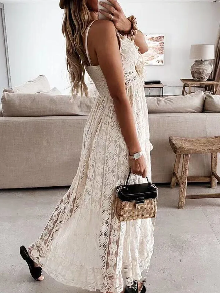 Thanh Lịch Mùa Hè Áo Ren Ngày Lễ Cổ V Spaghetti Dây Sundress Boho Đầm Maxi Trắng Cho Nữ Vestidos De Mujer 22194